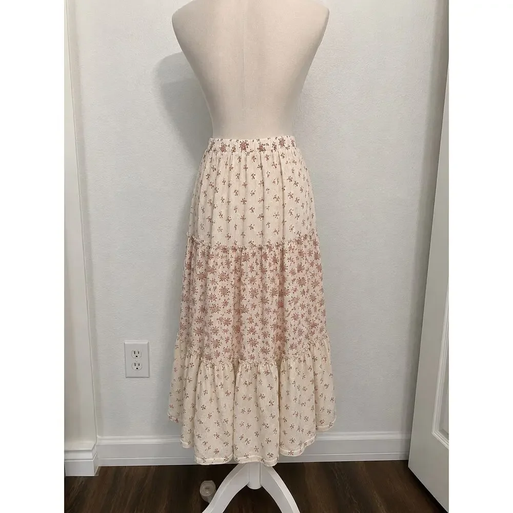 Cream Floral Tiered Maxi Skirt XS Cottagecore Prairie Coquette Y2K Ditsy Boho